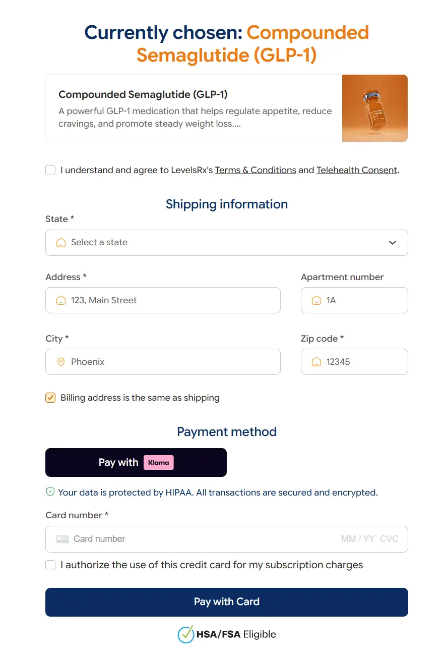 LevelsRX checkout page